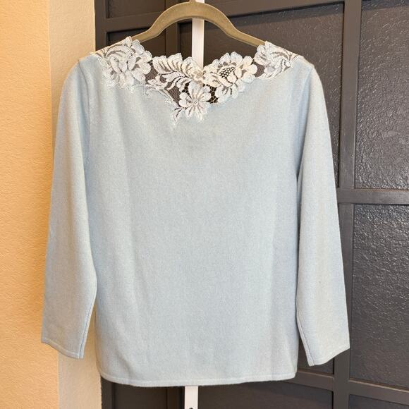 Ralph Lauren Womens Black Label Blue Cashmere Lace 3/4 Sleeve Sweater NWT - Picture 2 of 6